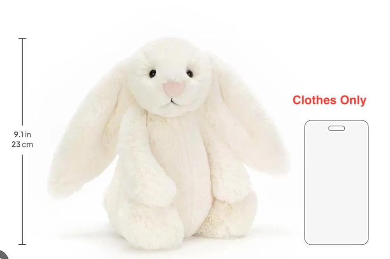 May include: A cream-colored plush rabbit toy with long floppy ears, dark eyes, and a soft pink nose. A measurement graphic indicates a height of 9.1 inches. The text "Clothes Only" appears next to a rectangular outline of a clothing tag.