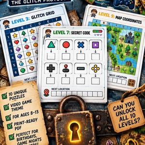 Könnte beinhalten: Pixel Quest The Glitch Protocol druckbares Rätselspiel-Set mit den Blättern Level 3 Glitch Grid, Level 7 Secret Code und Level 9 Map Coordinates. Enthält ein Metallvorhängeschloss, einen Messingschlüssel und Text über 10 einzigartige Rätsel.