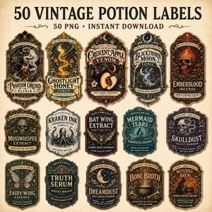 Potion Labels PNG, 50 Vintage Apothecary Designs for Halloween Jars