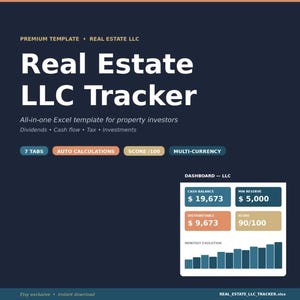May include: A dark blue Real Estate LLC Tracker Excel template for property investors. Features include 7 tabs, auto calculations, score/100, and multi-currency support. The dashboard displays cash balance, min reserve, distributable, and a bar chart.