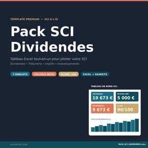 Puede incluir: Una plantilla digital titulada Pack SCI Dividendes con fondo azul oscuro. Incluye texto sobre herramientas de Excel para gestionar empresas inmobiliarias, con secciones para dividendos, tesorería, impuestos e inversiones, además de un gráfico de panel.