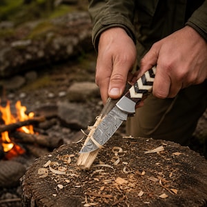 Close-up of patterned Damascus-style blade with polished edge and handmade handle detail.