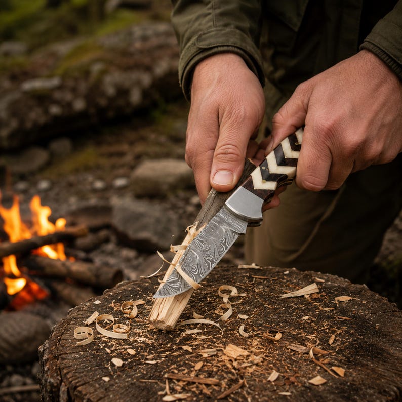 Close-up of patterned Damascus-style blade with polished edge and handmade handle detail.