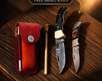 Handgefertigtes Damast-Klappmesser-Set, rustikales Outdoor-Camping-Set, Sammler-Groomsmen-Geschenk