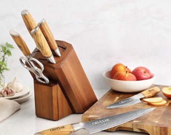 Kitchen Knife Set with Block, Damascus Style Chef Knife Set, Complete Cooking Knife Set, Wooden Handle Cutlery Set, ORVEXAR Gift Set
