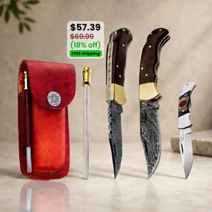Handmade Damascus Steel Pocket Knife | Wood Handle, Brass Bolster, Leather Sheath, Sharpening Rod