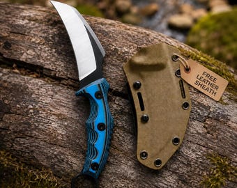 Cuchillo artesanal con mango azul de G10, hoja de acero 440C, hoja fija para uso en exteriores, funda de cuero.