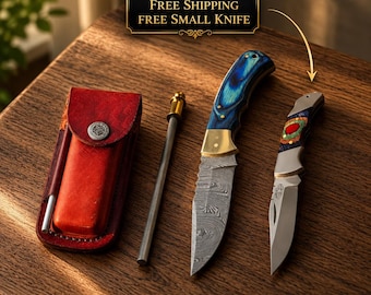 Exklusives Damast-Klappmesser mit blauem Holzgriff und Ledertasche