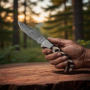 Folding pocket knife with polished steel blade and colorful inlay handle displayed on dark wood.