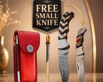 Taschenmesser Set aus Damast-Stahl, Holzknochen-Griff, Ledertasche (Schleifstab inklusive)