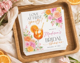 Personalized Orange Spritz Bridal Shower Napkins, Love at First Spritz Party Napkins, Custom Name Date Decor