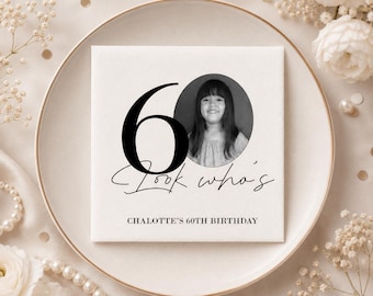 Custom 60th Birthday Napkins with Photo, Personalized Look Who's 60 Party Decorations, Milestone Birthday Cocktail Napkins | Set of 15