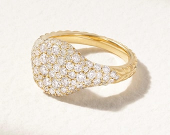 925 Sterling Silver Pave Signet Pinky Ring, Dainty Stacking Diamond Jewelry