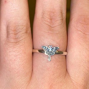 May include: A silver ring with a detailed moth design. The ring's band is slender, and the moth has intricate wing and body details. The ring is worn on a finger, highlighting the delicate craftsmanship and design of the jewellery.