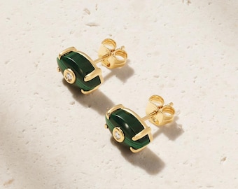 925 Sterling Silver Malachite And Diamond Earrings, Malachite Stud Earrings, Dainty Minimalist Jewelry
