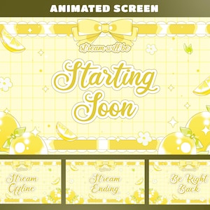 May include: A digital graphic set for streaming featuring a yellow lemon theme with grid patterns, bows, and citrus slices. The main screen displays the text "stream will be Starting Soon," while smaller screens show "Stream Offline," "Stream Ending," and "Be Right Back."
