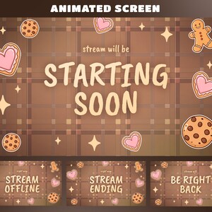 以下が含まれることがあります： 茶色のチェック柄の背景に「stream will be STARTING SOON」というテキストが中央に配置されたデジタルグラフィックセット。ハート型のクッキー、チョコチップクッキー、ジンジャーブレッドマン、星のイラストがデザインされています。
