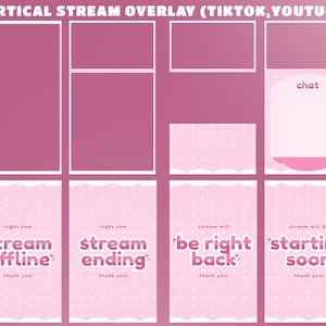 Könnte beinhalten: Ein vertikales Stream-Overlay-Set für TikTok und YouTube mit einem rosa-weißen Punktemuster. Enthält verschiedene Rahmen, ein Chat-Fenster und Status-Bildschirme mit dem Text: stream offline, stream ending, be right back, starting soon.