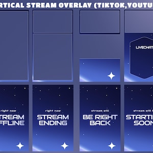Può includere: Un design di overlay digitale per piattaforme di streaming, con un tema di cielo stellato blu scuro. Gli elementi testuali includono "STREAM OFFLINE", "STREAM ENDING", "BE RIGHT BACK" e "STARTING SOON". Ideale per TikTok e YouTube.