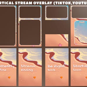 May include: A digital vertical stream overlay set for TikTok and YouTube featuring a beach theme with sand, waves, and seashells. Includes various frames for video and chat, plus status screens labeled Currently Offline, Stream Ending, Be Right Back, and Starting Soon.