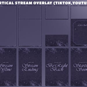 May include: A digital overlay set for streaming on TikTok and YouTube, featuring a dark purple background with white floral accents. Includes frames for video, chat, and status screens like "Offline" and "Starting Soon."