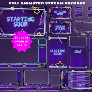 May include: A digital stream package featuring neon-style graphics on a dark purple brick background. Elements include frames with glowing blue and pink outlines, star and lightning bolt accents, and text reading STARTING SOON, BE RIGHT BACK, and CHAT.
