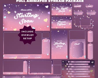 Cupid Garden Animated Stream Package, Kawaii Pink Purple Hearts, Magical Fantasy Themes, Twinkling star effects, Pink And Purple Gradient