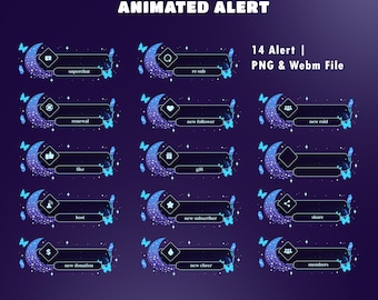 Starlit Crystals Animated Twitch Alerts Pack, OBS Setup,14 Alert Bundle PNG WebM, Follower Sub Donation Raid,OBS Ready,Cute Dreamy Butterfly