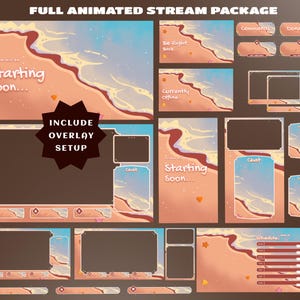 Sommerliches Strand-Overlay-Paket für Twitch (animiert): Küstenmeer, Muscheldekorationen, Seesterne, warme Sonnenuntergangsstimmung, sanftes blaues Meer