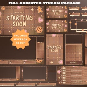 May include: A digital stream overlay package featuring a brown plaid theme with cookie and heart illustrations. Text includes FULL ANIMATED STREAM PACKAGE, STARTING SOON, BE RIGHT BACK, STREAM OFFLINE, INCLUDE OVERLAY SETUP, COMMANDS, DONO, and LIVECHAT.