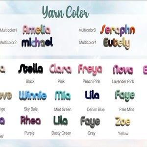 May include: A color chart for yarn, featuring various names and color descriptions. The text "Yarn Color" is at the top. Names like "Amelia", "Michael", "Seraphin", and "Eutely" are displayed in a 3D font, along with other color names.