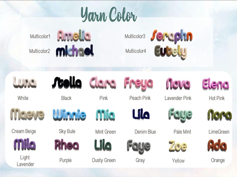 May include: A color chart for yarn, featuring various names and color descriptions. The text "Yarn Color" is at the top. Names like "Amelia", "Michael", "Seraphin", and "Eutely" are displayed in a 3D font, along with other color names.