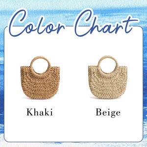 May include: The image displays a color chart for two woven tote bags. One is khaki, the other is beige. Each bag has a circular handle and a rounded bottom. The text "Color Chart" is written in cursive at the top.