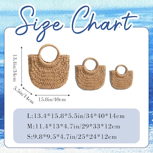 May include: Three woven straw tote bags of varying sizes, each with a circular handle. The largest bag measures 13.4 inches high, 15.8 inches wide, and 5.5 inches deep. The image includes a size chart.