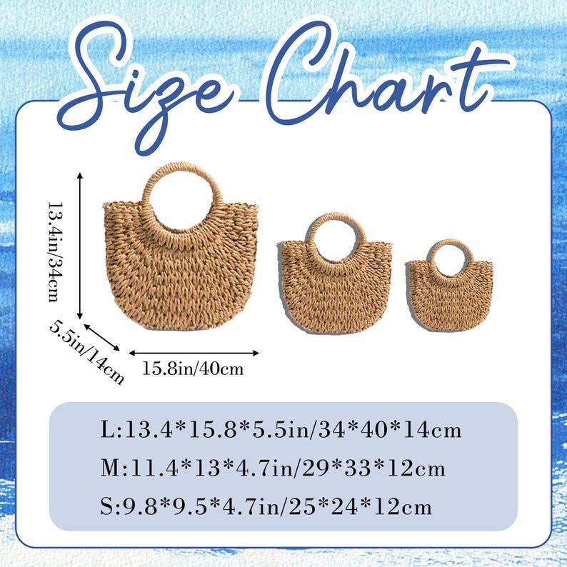 May include: Three woven straw tote bags of varying sizes, each with a circular handle. The largest bag measures 13.4 inches high, 15.8 inches wide, and 5.5 inches deep. The image includes a size chart.