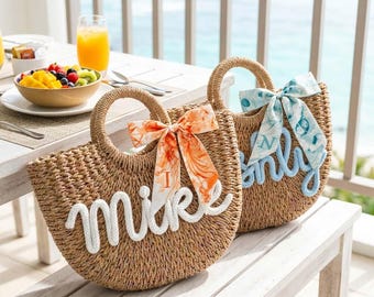 Personalized Straw Beach Tote Bag,Custom Name Tote,Bridesmaid Gift,Girls Trip Beach Bag,Vacation Tote,Summer Resort Tote,Flower Girl Basket