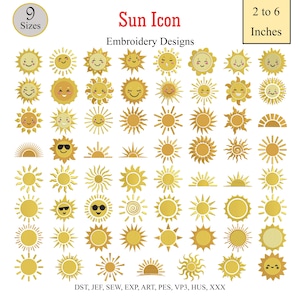 Puede incluir: Una colección de diseños de bordado de sol amarillos en varios estilos, incluyendo caras sonrientes, gafas de sol y rayos. El texto dice Sun Icon Embroidery Designs, 9 tamaños, 5 a 15 cm, y formatos de archivo DST, JEF, SEW, EXP, ART, PES, VP3, HUS, XXX.