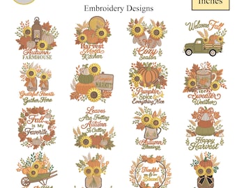 May include: A collection of sixteen fall-themed embroidery designs for kitchen towels, featuring pumpkins, sunflowers, leaves, and seasonal text. The designs range from 3.5 to 7 inches in size and are available in file formats including DST, JEF, SEW, EXP, ART, PES, VP3, HUS, and XXX.