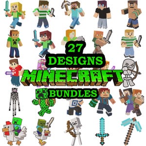May include: A collection of 27 Minecraft digital designs featuring various blocky characters, including players with swords, a skeleton with a bow, a creeper, and a chicken rider. The text 27 DESIGNS MINECRAFT BUNDLES is centred in green.