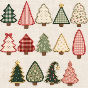 May include: A collection of fourteen embroidered Christmas tree patches featuring various patterns including red and white stripes, green and white gingham, polka dots, floral prints, plaid, and snowflake motifs, each with a brown trunk.