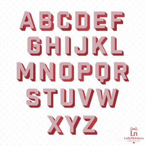May include: A digital alphabet set featuring uppercase letters A through Z in a block font style. Each letter is light pink with a dark red drop shadow, arranged in rows against a white background with a subtle grid pattern. Includes the text LnByMelnikova.