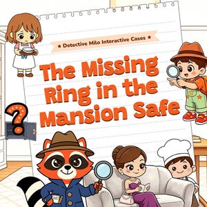 Puede incluir: Ilustración colorida para "Detective Milo Interactive Cases" con el título "The Missing Ring in the Mansion Safe". La imagen presenta personajes de dibujos animados, incluido un mapache detective y un niño con una lupa.