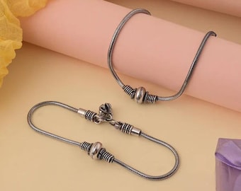 Enkelbandjes van geoxideerd zilver met slangenketting, verstelbare Indiase enkelbandjes, minimalistische boho voetsieraden, handgemaakte unisex enkelbandjes, cadeau voor dames en heren