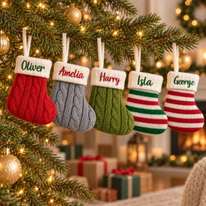 May include: Five small Christmas stockings hanging from a tree branch. Each stocking has a white cuff with a name embroidered in red or green: Oliver, Amelia, Harry, Isla, and George. Three stockings feature a cable knit pattern, while two have stripes.