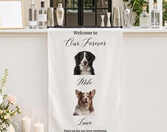 Letrero personalizado para bebidas con la firma de tu mascota, Letrero personalizado para menú de bar de boda, Letrero para bar de boda con perro, Camino de bar de tela con retrato de mascota, Decoración para despedida de soltera