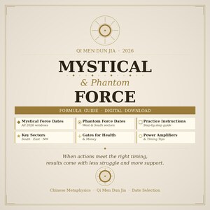 May include: A digital download titled "Mystical & Phantom Force" with text in a serif font. The design includes a compass-like graphic and text boxes listing topics like "Mystical Force Dates" and "Gates for Health & Money."
