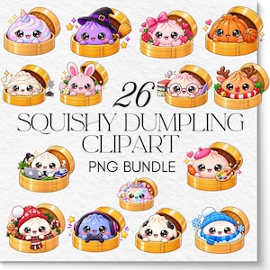 Puede incluir: Una colección digital de 26 archivos PNG de imágenes prediseñadas de dumplings blandos con varios personajes en vaporeras de bambú, incluyendo un unicornio, una bruja, un jugador de baloncesto, un estudiante, un gamer y temas estacionales.