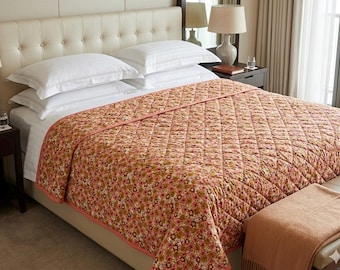 Orange flowers quilt Cotton quilt Cotton Comforter, King Quilt, Queen Quilt, Twin Quilts, Bedding Quilts, Velvet Quilt Bedding Gift.