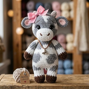 May include: A crocheted cow plush toy with gray and white patches, dark brown hooves, and long eyelashes. The cow wears a light pink ribbon bow on its head and a brown leather cord necklace with a small silver bell. A tag reads Handmade with Love.