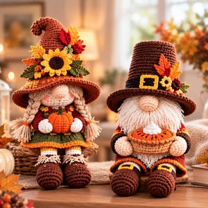 May include: Two crocheted gnomes with autumn themes. The left gnome wears a tall brown hat with sunflowers and leaves, holding a small orange pumpkin. The right gnome wears a brown hat with a buckle and leaves, holding a pumpkin pie with cream.